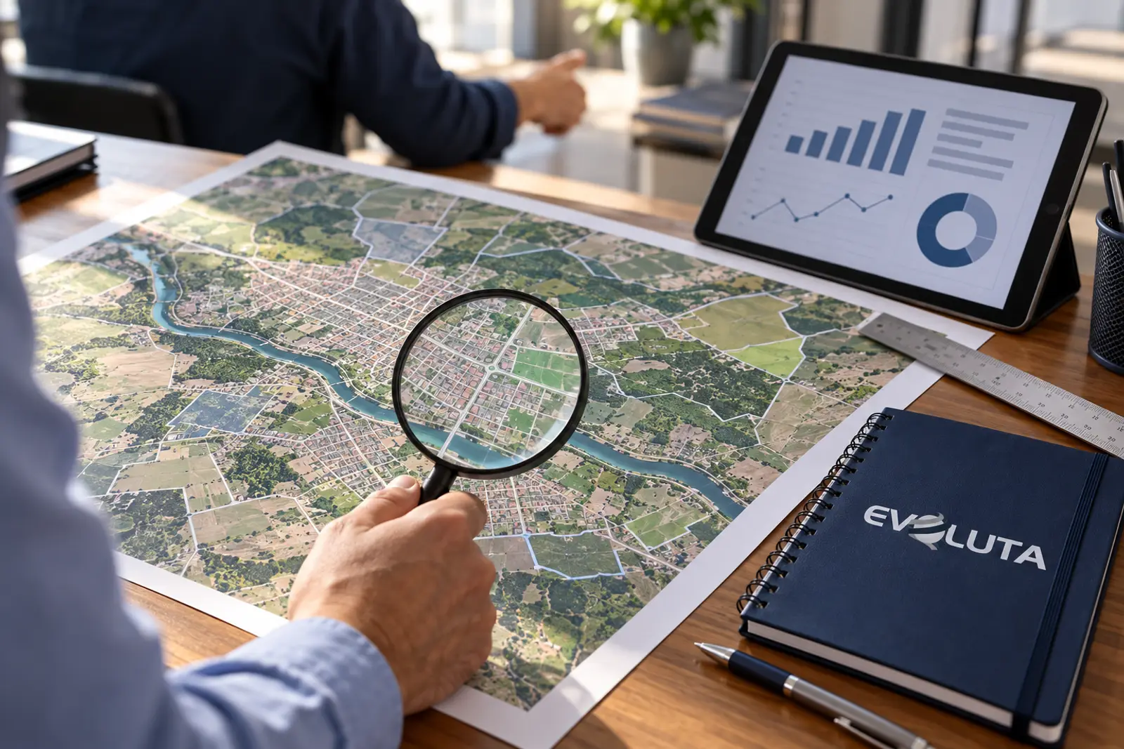 Mapa e painel de dados públicos de um município sobre a mesa de trabalho.