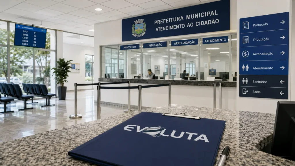 Atendente orienta cidadão no balcão preferencial da prefeitura, com garrafa e pasta da Evoluta