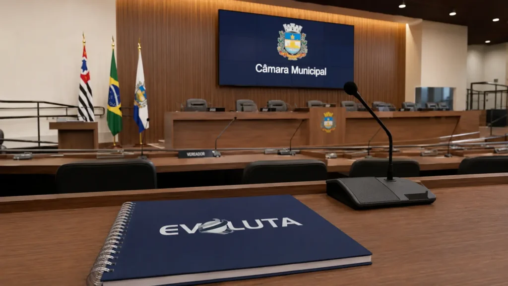 Plenário vazio de câmara municipal com caderno da Evoluta, tema da reforma administrativa do Legislativo
