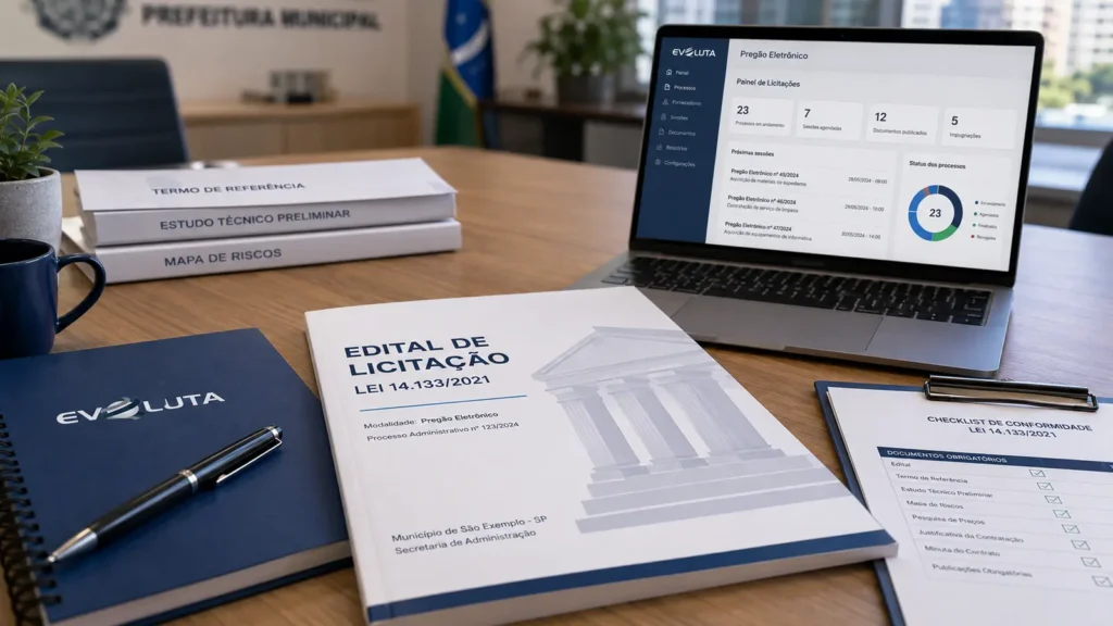 Edital, estudo técnico preliminar e termo de referência da Lei 14.133 com caderno da Evoluta