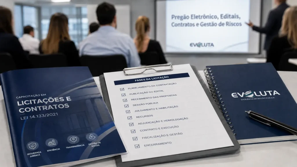 Caixas-arquivo da Evoluta com editais e atas de registro de preços sobre a mesa