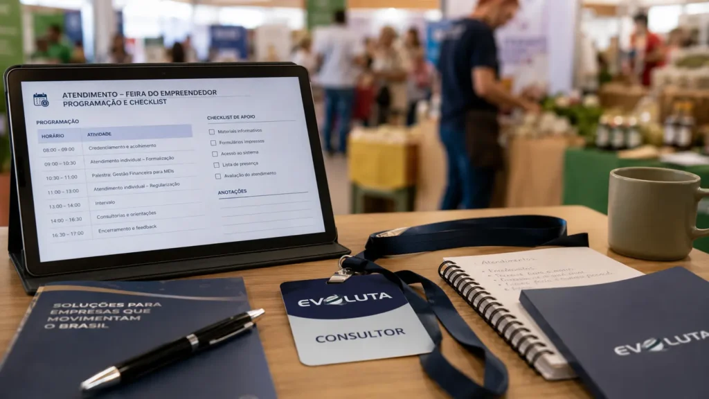 Tablet com a programação da feira do empreendedor e crachá de consultor da Evoluta
