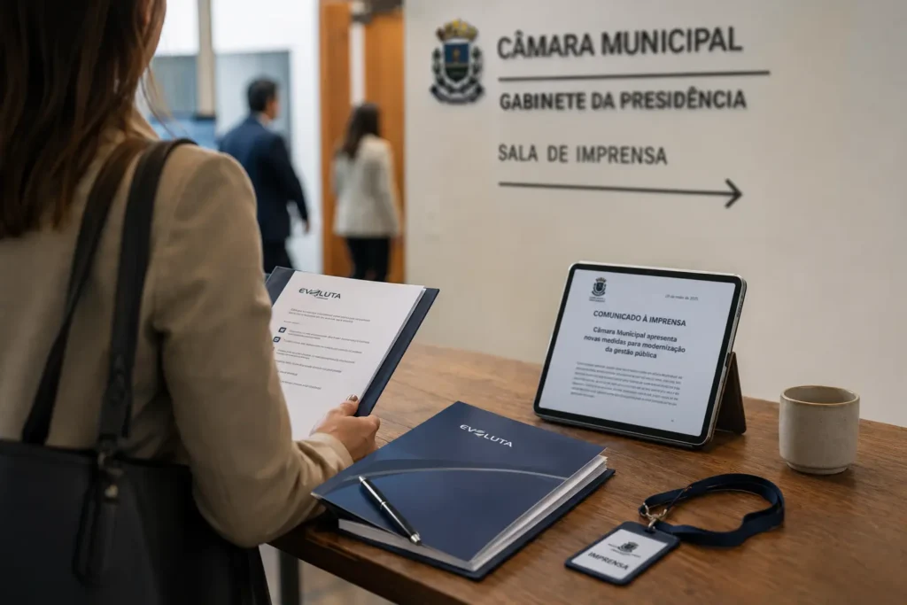 Placa da sala de imprensa da câmara municipal e comunicado em mãos