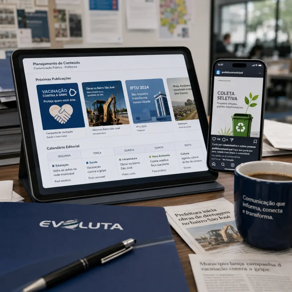 Tablet com planejamento de conteúdo e celular com post institucional, ao lado de caneca da Evoluta