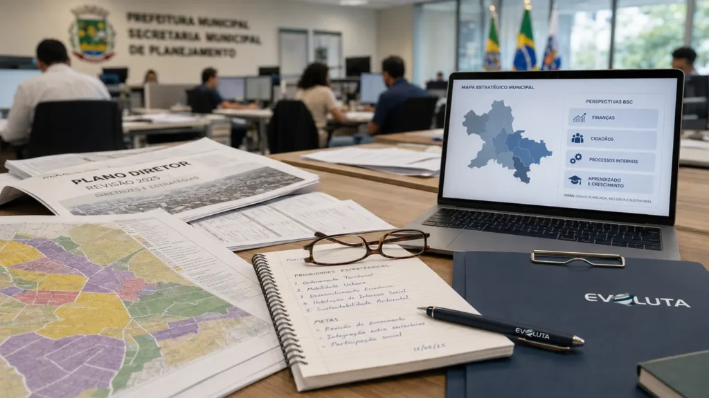 Mãos anotam objetivos estratégicos, plano diretor e BSC do setor público, com pasta da Evoluta