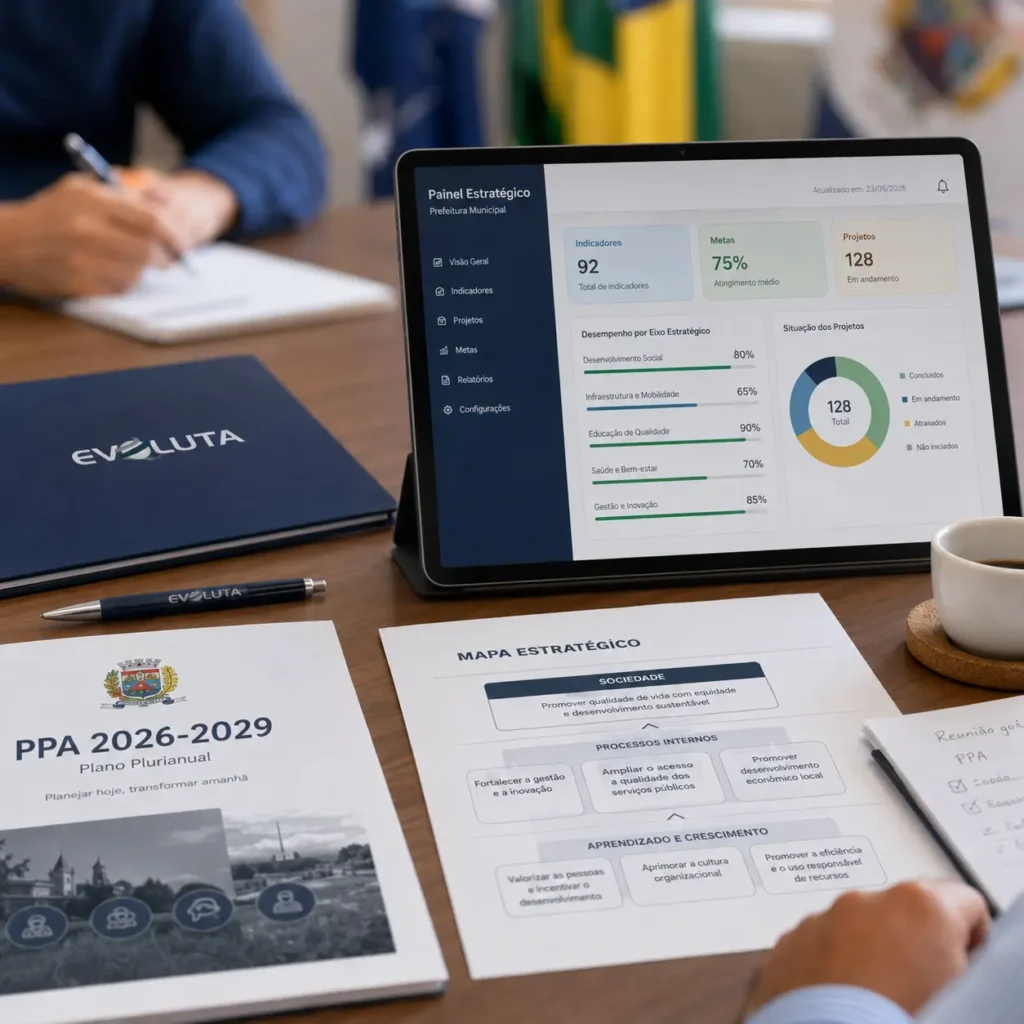 Mãos sobre documentos de planejamento estratégico e metas do PPA, com pasta da Evoluta na mesa