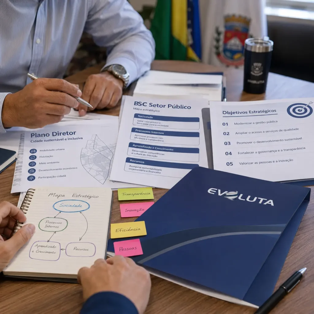 Mãos apontam mapa estratégico com post-its e o plano plurianual, na estruturação de projetos estratégicos