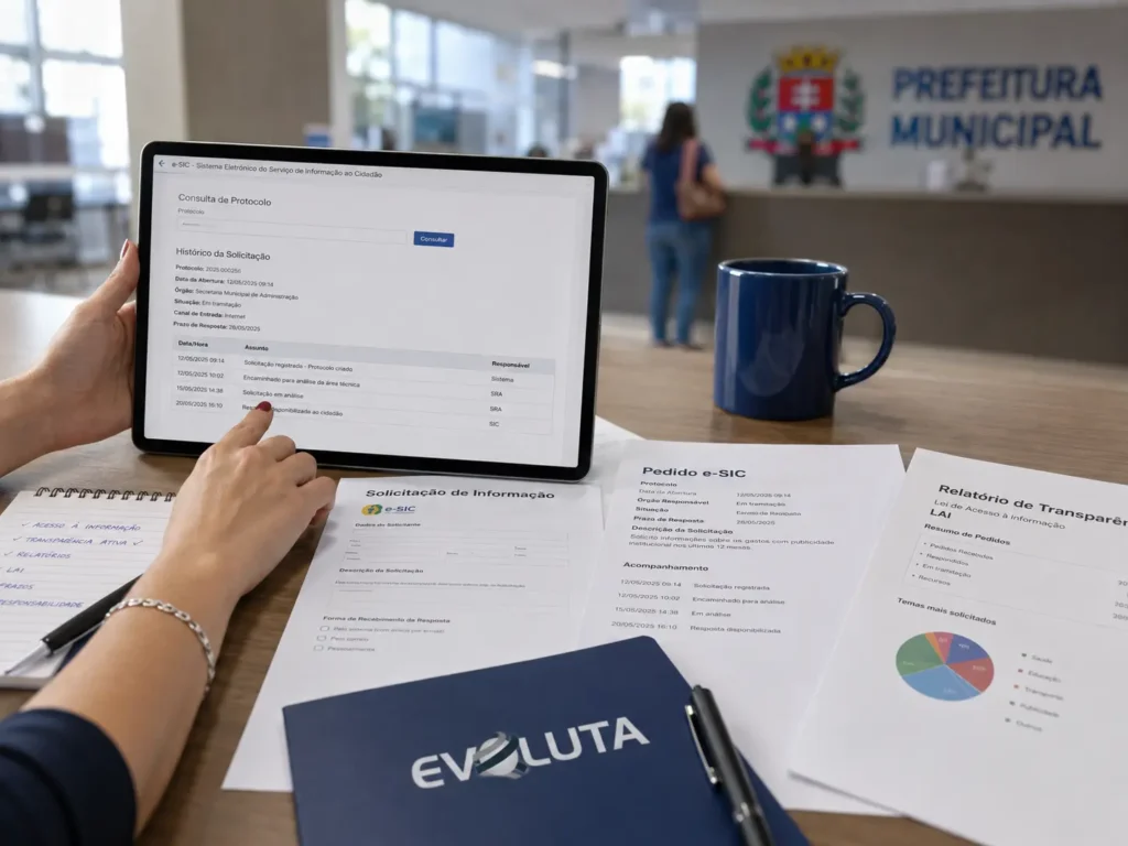 Guias da Lei de Acesso à Informação e de dados abertos com caneca da Evoluta
