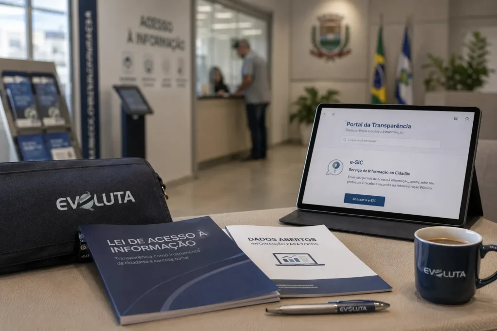 Guias da Lei de Acesso à Informação e de dados abertos com caneca da Evoluta