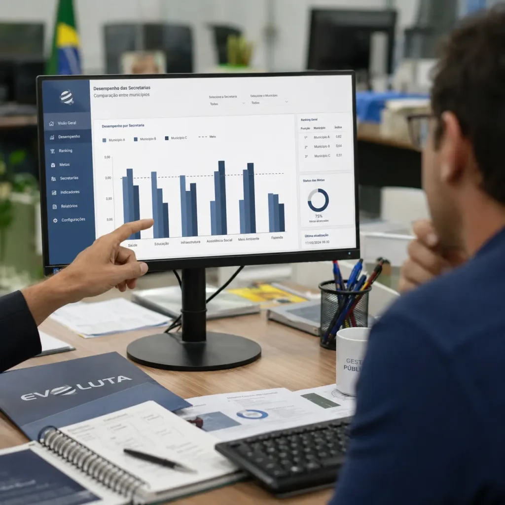 Dois monitores com painel de gestão acompanhando a carteira de projetos da prefeitura