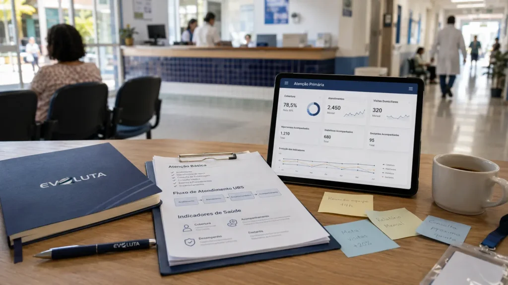 Tablet com indicadores de saúde e monitoramento da atenção básica, acompanhando um contrato de gestão