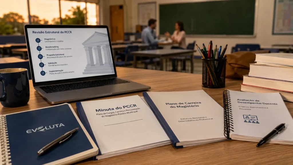 Mãos revisam o plano de carreira do magistério e a revisão estatutária, com pasta da Evoluta