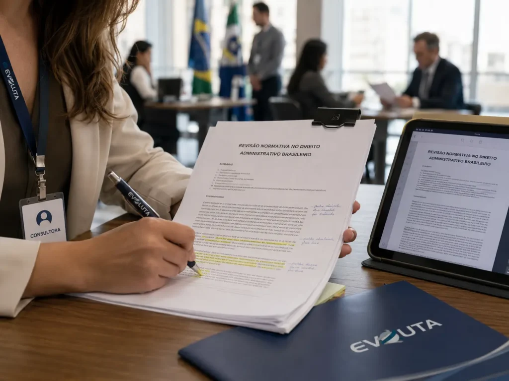 Mão anota revisão normativa de direito administrativo, etapa da atualização do estatuto dos servidores municipais