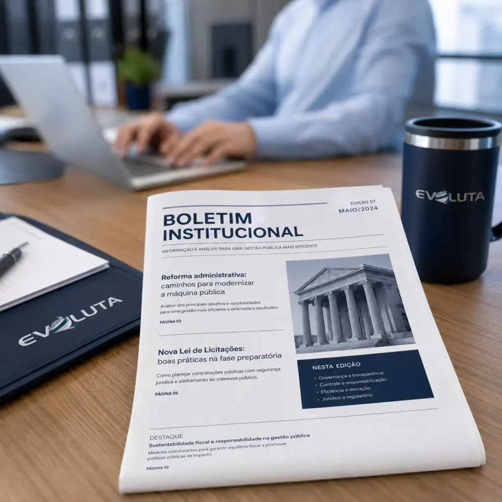 Boletim institucional sobre gestão pública impresso, com pasta e caneca da Evoluta na mesa