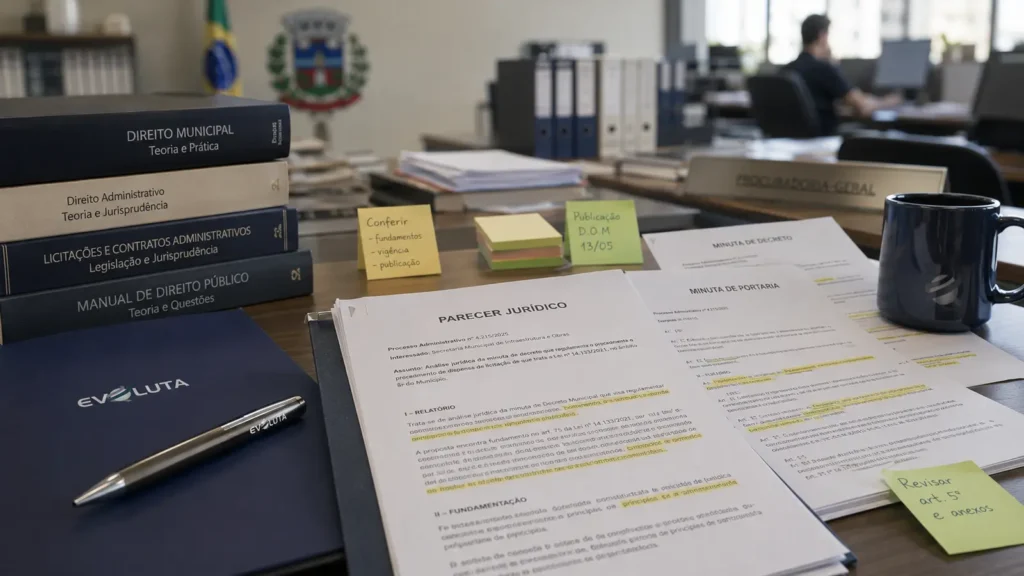 Parecer jurídico com marcações e livros de direito municipal na procuradoria