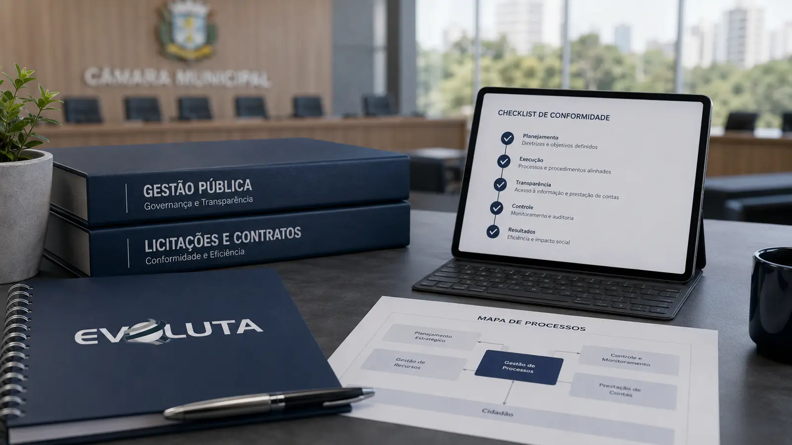 Plenário vazio de câmara municipal com caderno da Evoluta, tema da reforma administrativa do Legislativo