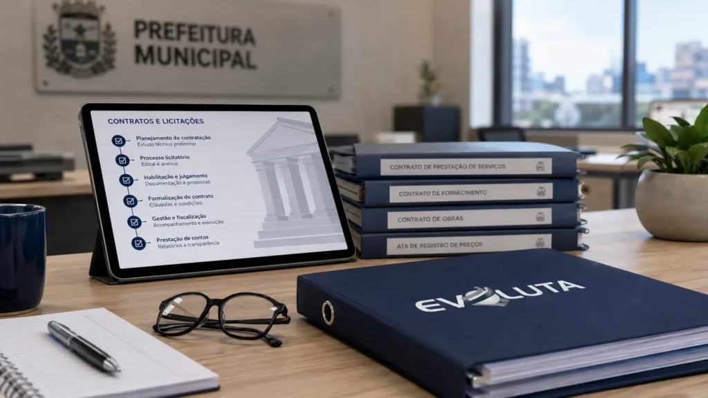 Fichário da Evoluta, tablet de contratos e licitações e caixas de contratos, visão da empresa fornecedora