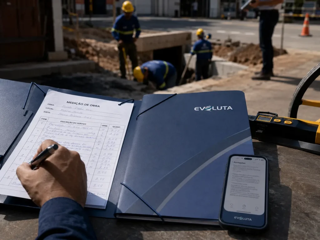 Fichário de fiscalização contratual da Evoluta aberto, com engenheiros da prefeitura reunidos ao fundo