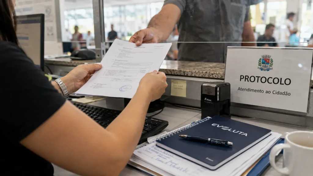 Mesa de protocolo com fichários, carimbo de recebido e processo administrativo a simplificar