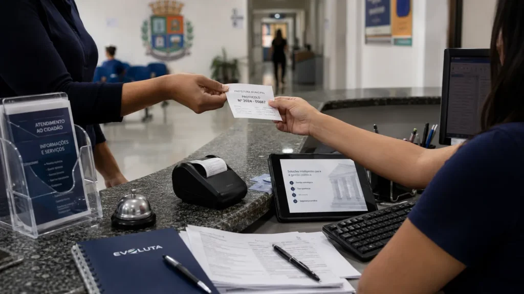 Mãos trocam senha de atendimento no balcão da prefeitura, com tablet e caderno da Evoluta