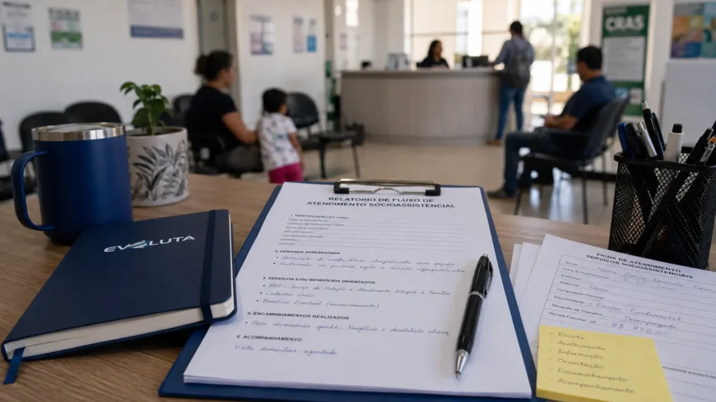 Fluxo de encaminhamento da proteção social especial com garrafa e caderno da Evoluta