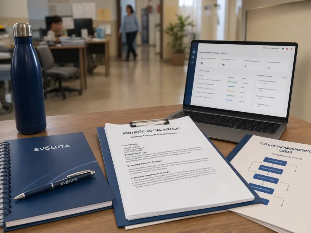 Fluxo de encaminhamento da proteção social especial com garrafa e caderno da Evoluta