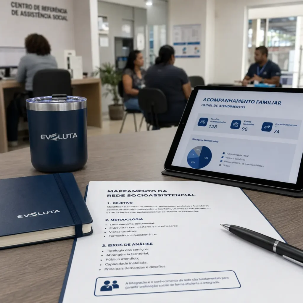 Mão assina termo de convênio na prancheta da Evoluta, com notebook do Transferegov ao fundo