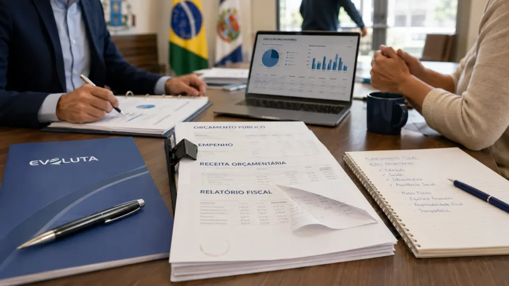 Mãos sobre documentos em reunião da Comissão de Finanças e Orçamento, com caderno da Evoluta
