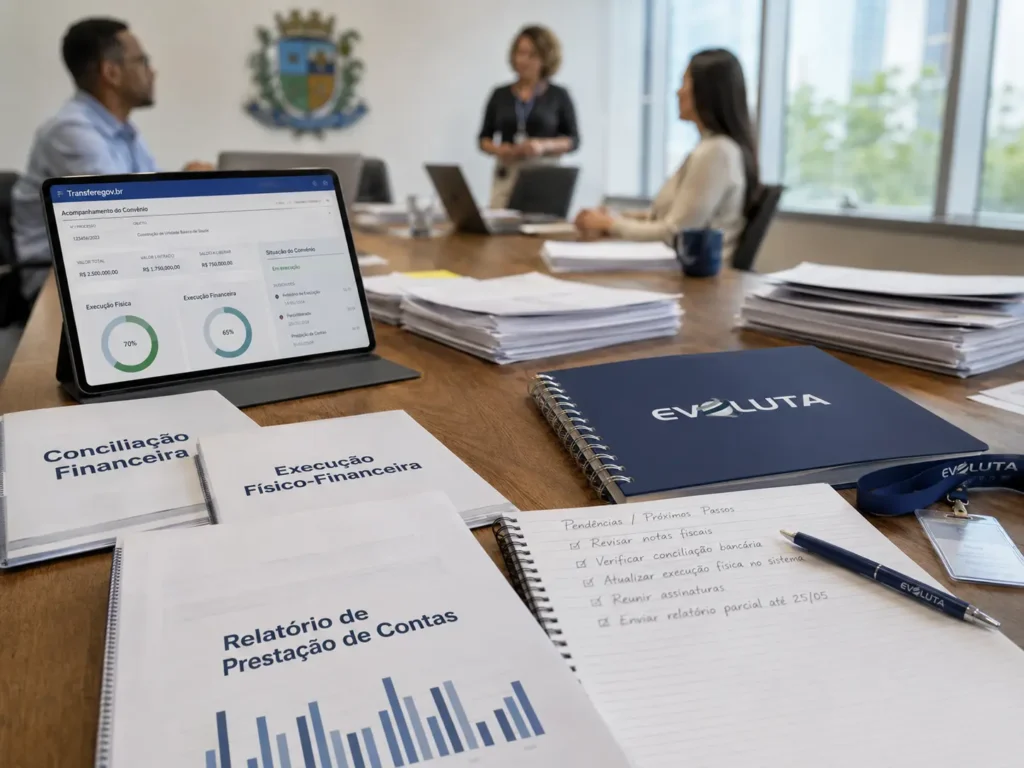 Conciliação financeira, execução físico-financeira e relatório de prestação de contas com caderno da Evoluta