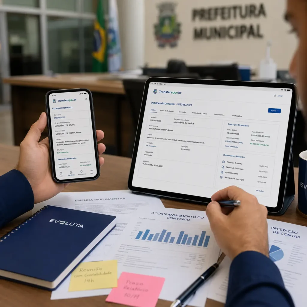 Pasta da Evoluta e tablet com acompanhamento de transferência especial, na gestão de convênios e emendas