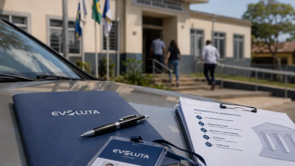 Pasta, crachá e copo da Evoluta sobre mapa no porta-malas, a caminho de um prédio público