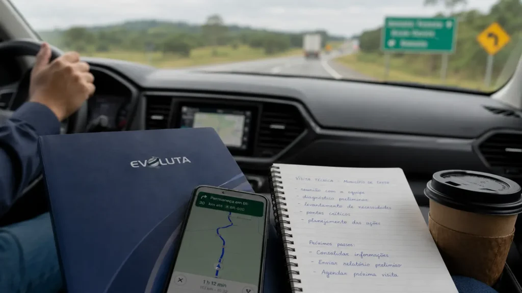 Mão ao volante, pasta da Evoluta e roteiro de visita técnica a caminho de um município