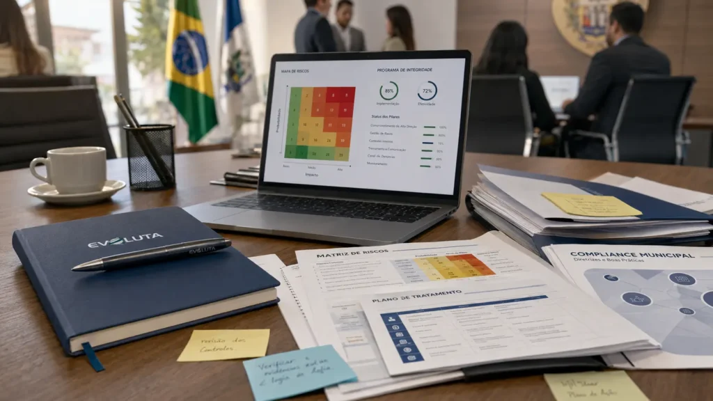 Notebook com matriz de riscos, documento de compliance municipal e plano de tratamento