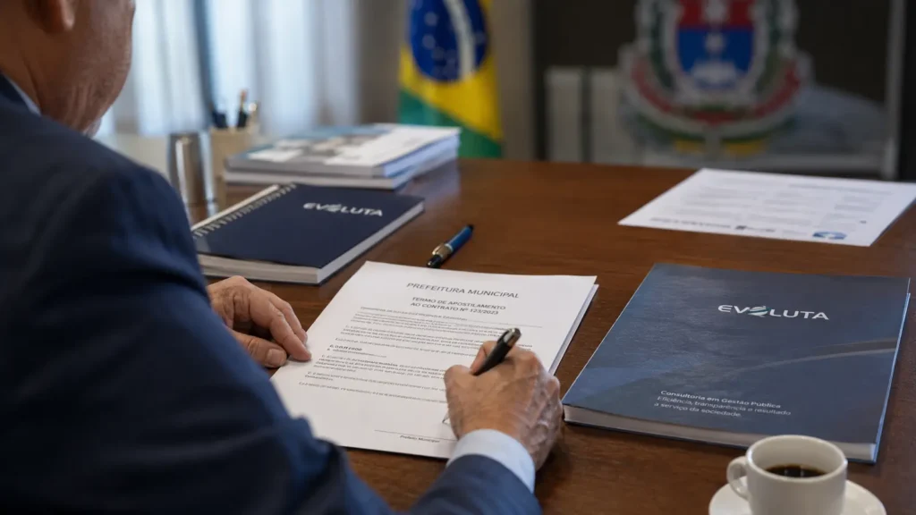 Mãos de gestor assinam documento da prefeitura municipal ao lado de cadernos da Evoluta