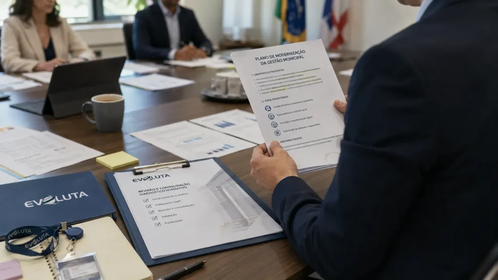 Organograma da prefeitura em revisão sobre a mesa, com pasta da Evoluta e anotações de reestruturação