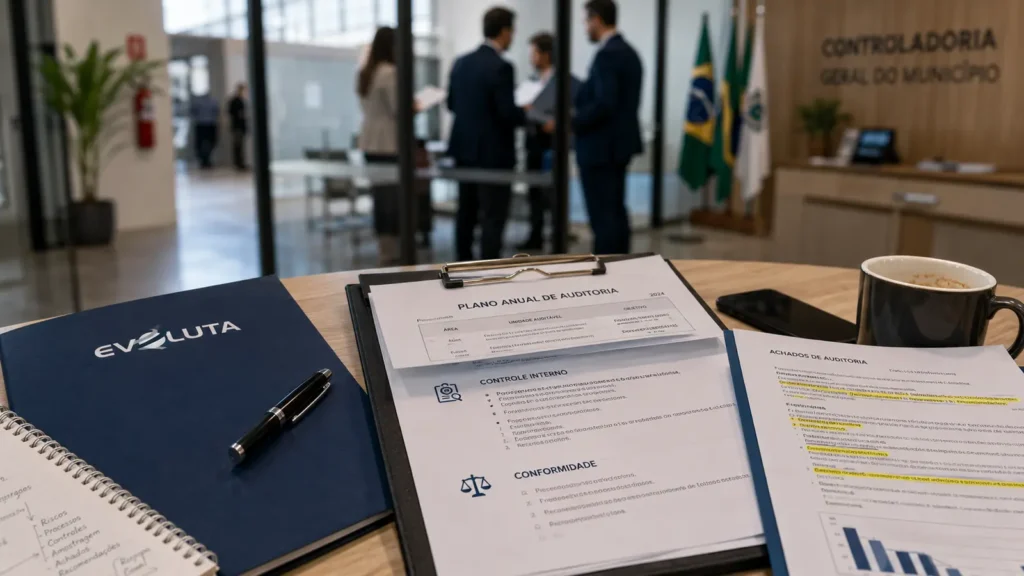 Matriz de controles e referencial COSO com crachá e caderno da Evoluta