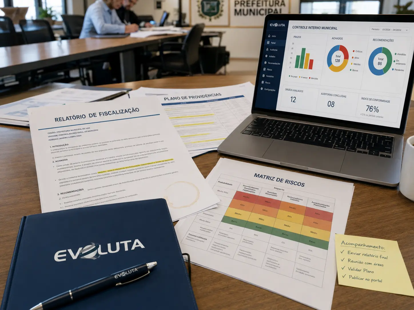 Matriz de controles e referencial COSO com crachá e caderno da Evoluta